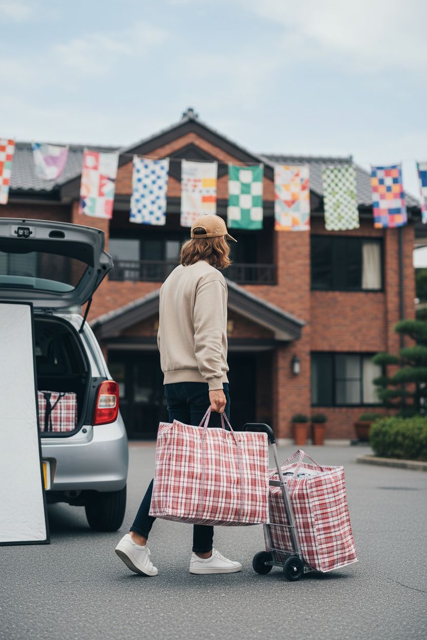 Hiceeden red white blue plaid bag carried by a student outside a brick dorm on move-in day