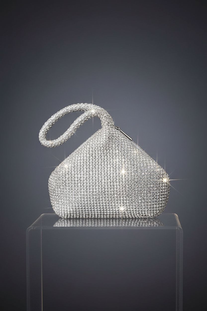 Stylish BABEYOND triangular rhinestone clutch showcased on a sleek acrylic riser.