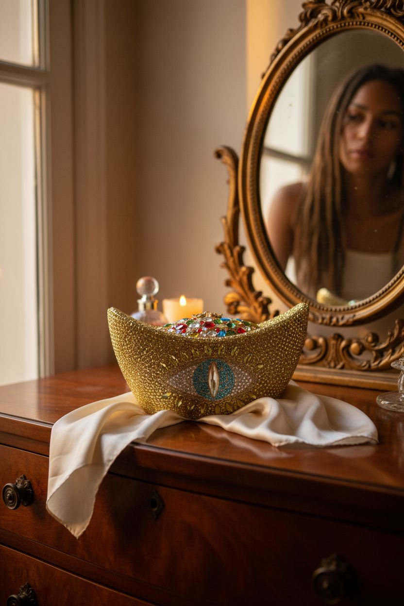 Elegant gold rhinestone purse by HUANG ZHUANG on a walnut dresser with soft lighting