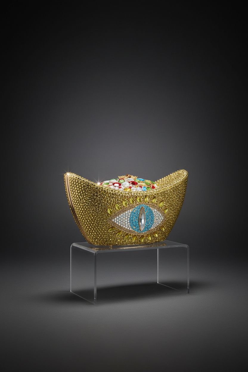 Product shot of HUANG ZHUANG gold rhinestone clutch on clear acrylic against dark backdrop