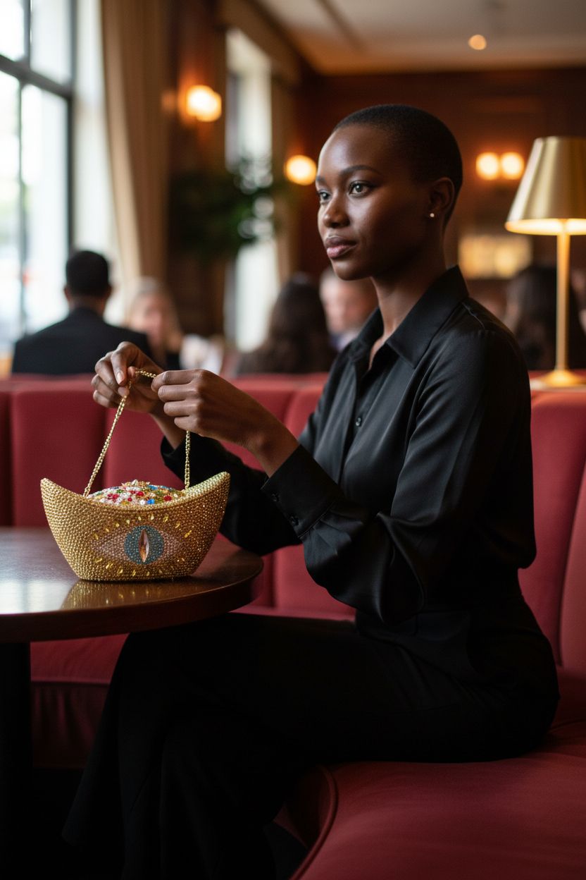 Gold ingot shape rhinestone purse by HUANG ZHUANG on a velvet banquette in a cocktail lounge