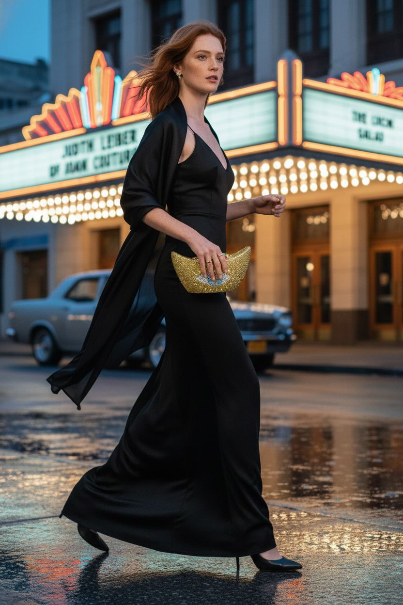 Gold rhinestone clutch by HUANG ZHUANG highlighted in neon at an art-deco theater
