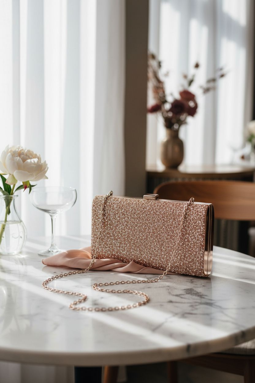 Kigeli rose gold clutch on a marble table, styled with a silk scarf and peony bud vase for elegance.