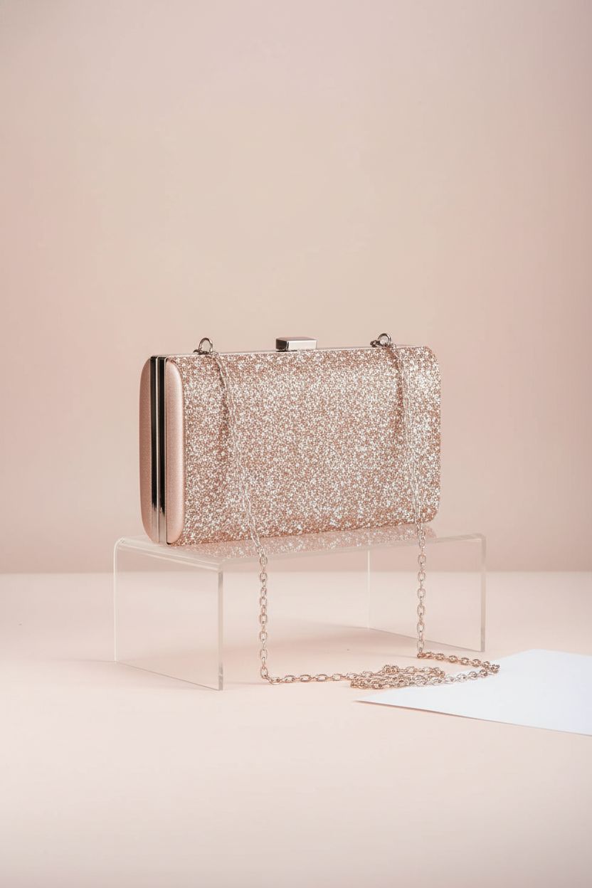 Kigeli rose gold clutch displayed on an acrylic riser, highlighting its rhinestones and PU leather finish.