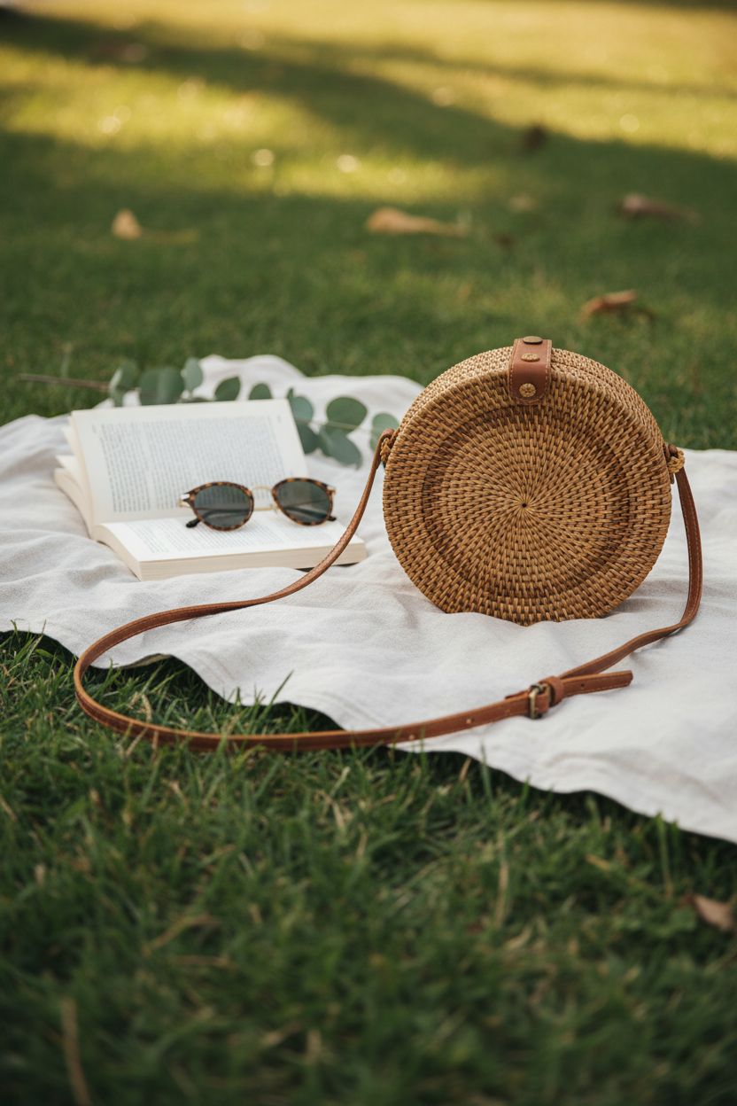 Round rattan bag by fengyi resting on a linen blanket in a serene park setting, perfect for picnics.