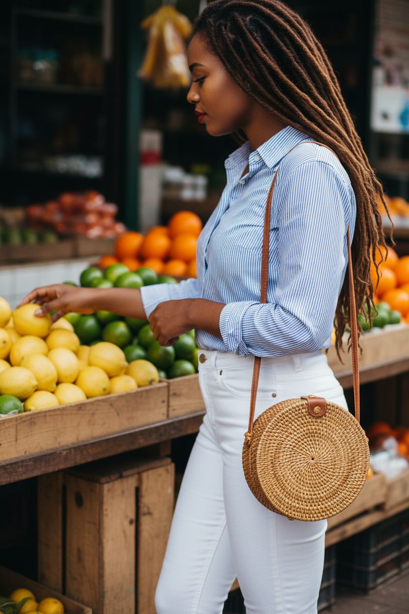 Handwoven round rattan bag by fengyi, showcasing floral lining, perfect for market outings.