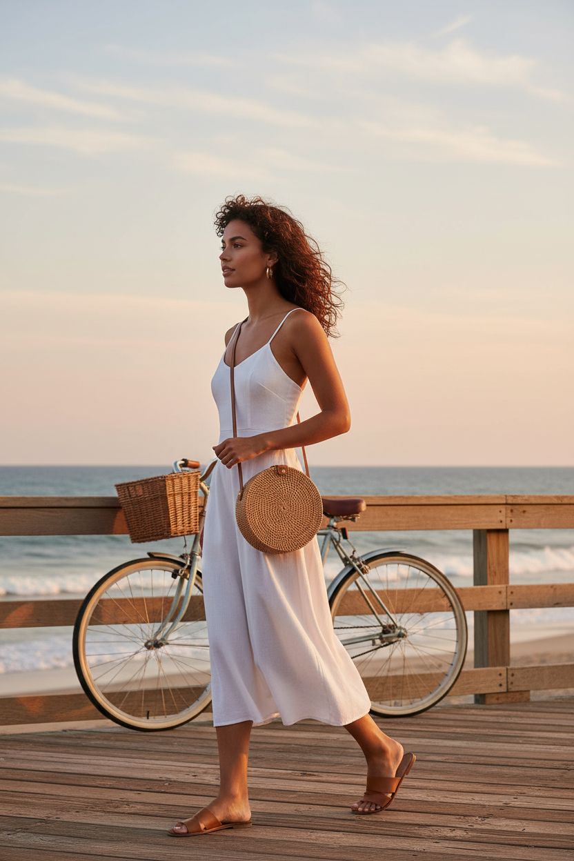 fengyi round rattan bag worn crossbody, ideal for strolling coastal boardwalks with style.