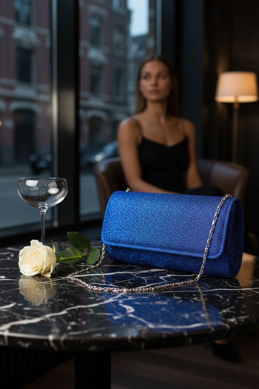 AITING royal blue purse placed beside a white rose in an upscale hotel lounge, exuding sophisticated charm.