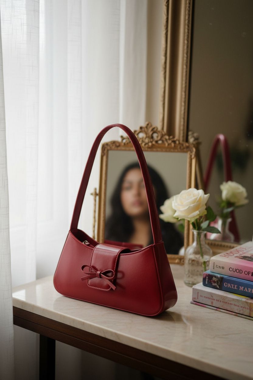 GETERUUV ruby red purse resting on a marble vanity beside a vintage mirror