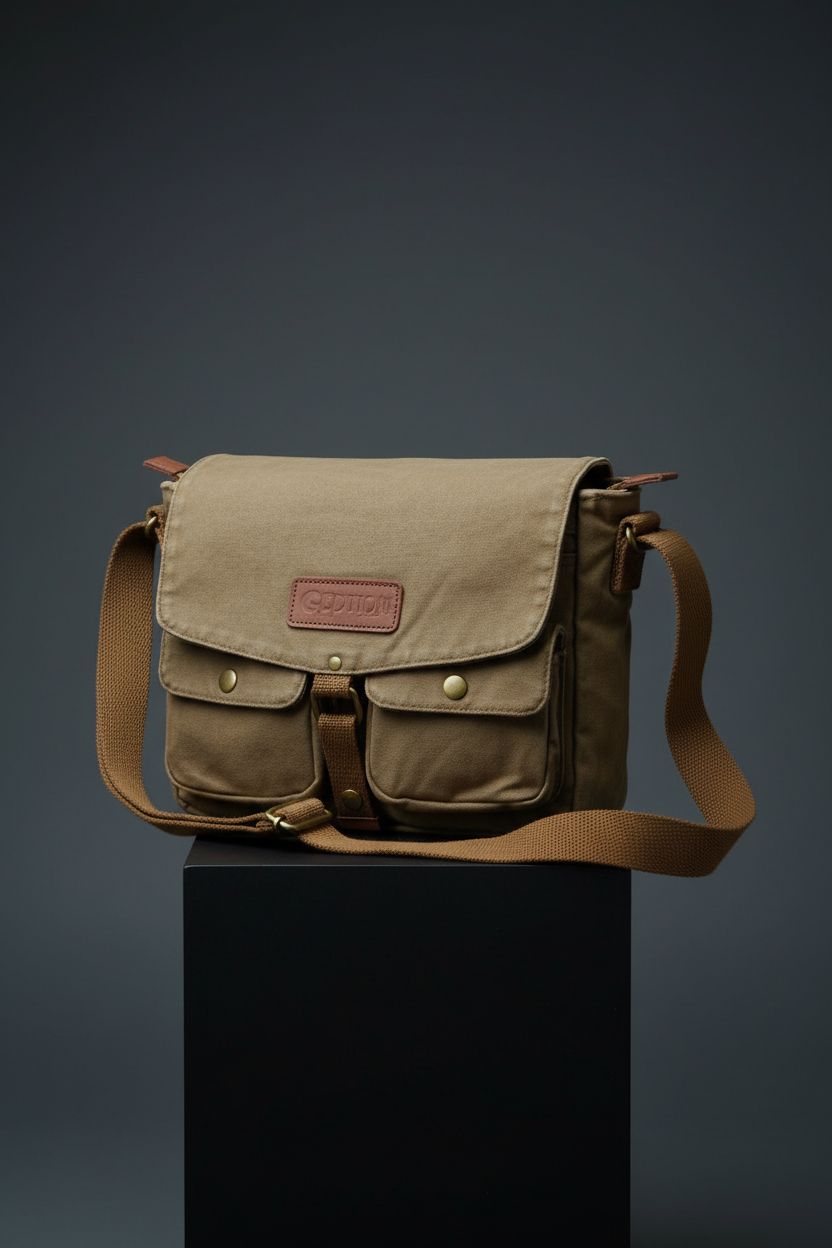 GOOTIUM Canvas Messenger Bag showcased in detail against a charcoal background.