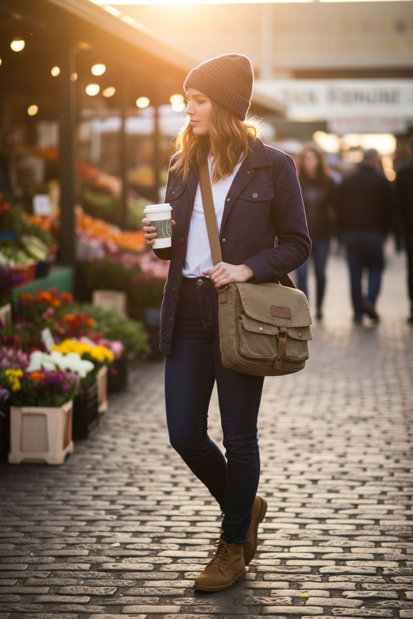 GOOTIUM Canvas Messenger Bag in vintage style, showcased at a farmer's market.