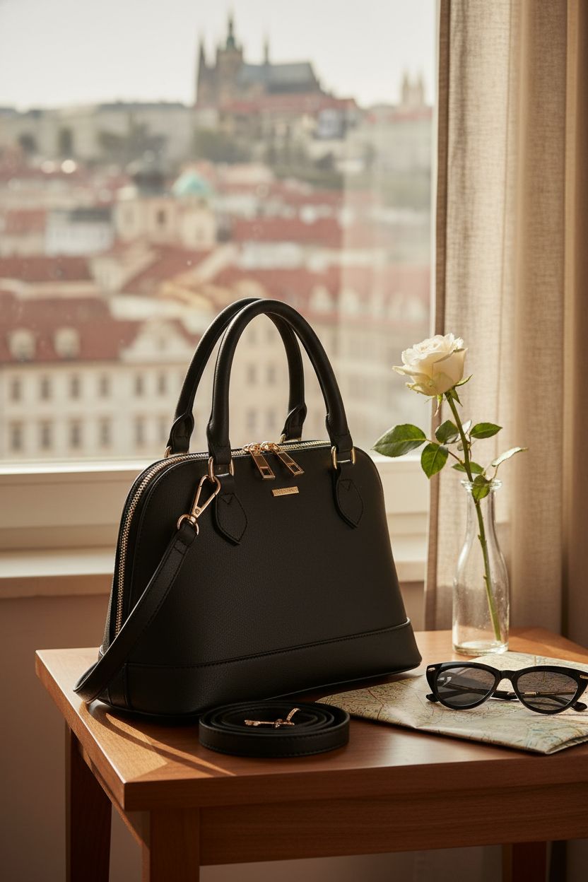 LOVEVOOK dome satchel purse elegantly displayed on a walnut table beside a vase and city map.