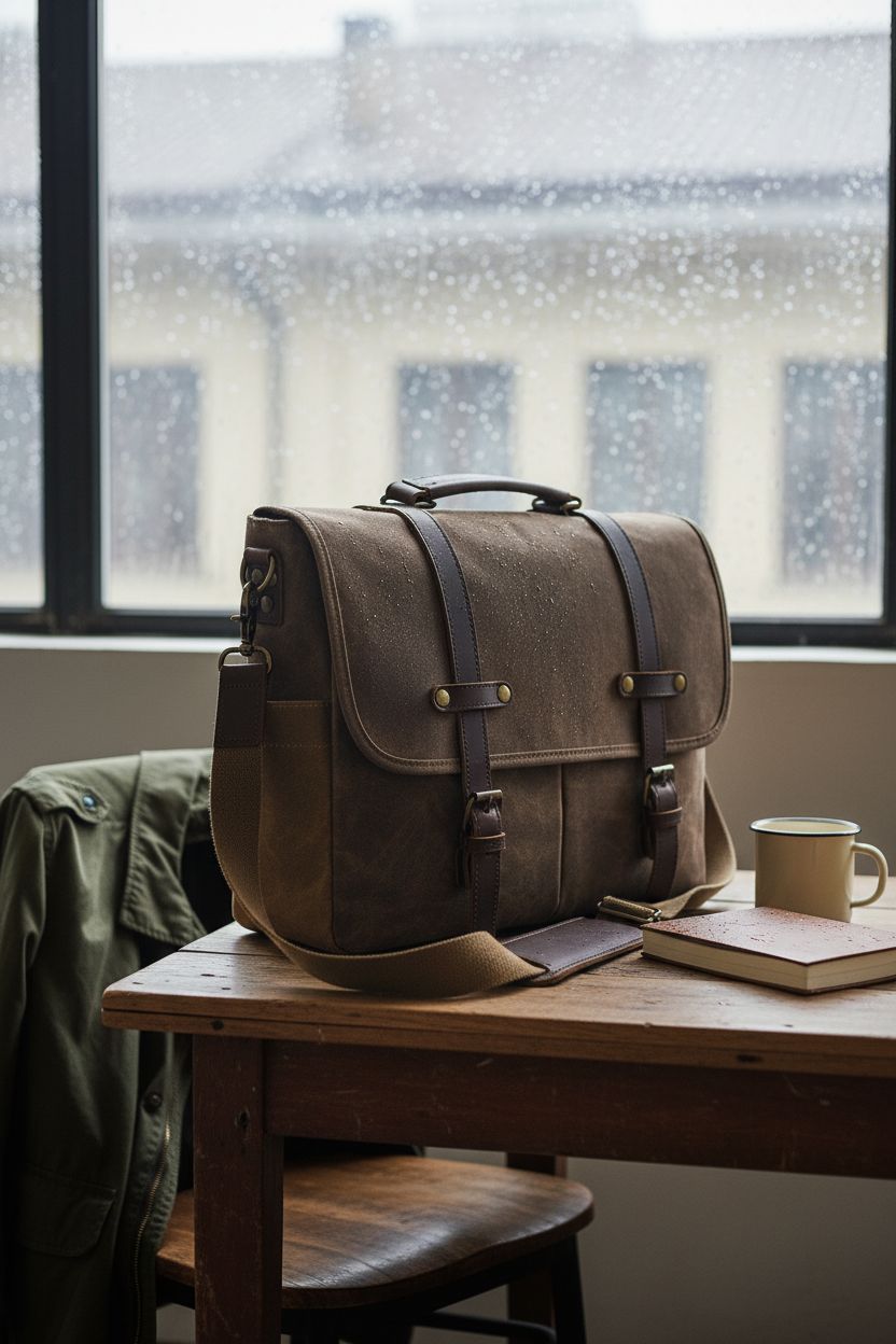 NEWHEY rugged leather satchel on an oak tabletop with notebook and mug.