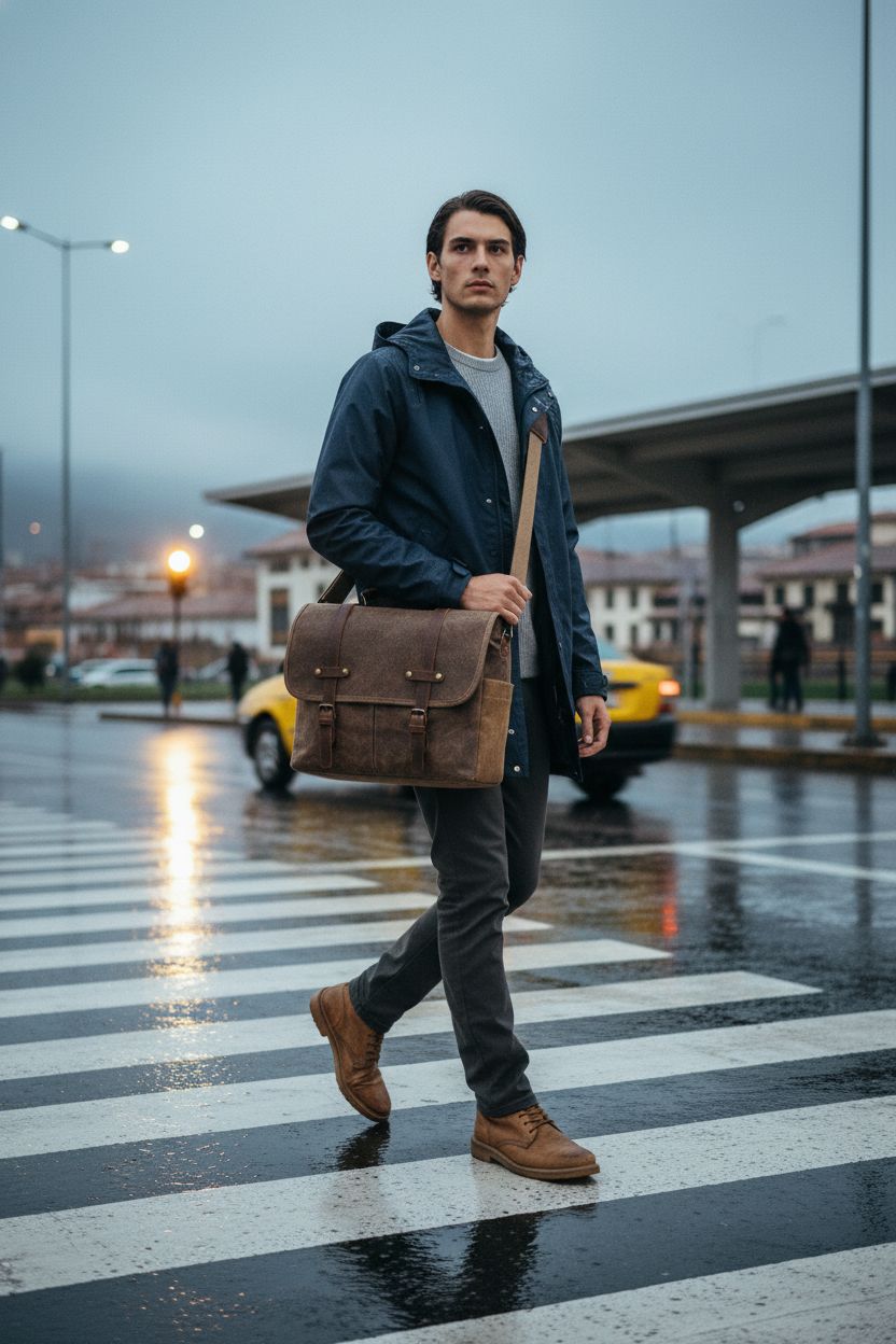 Brown waxed canvas and leather satchel by NEWHEY on a rainy zebra crossing.