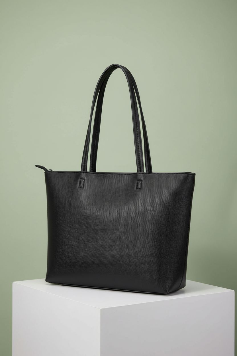 KALIDI black tote bag showcasing faux leather and zipper details, stylish and practical.