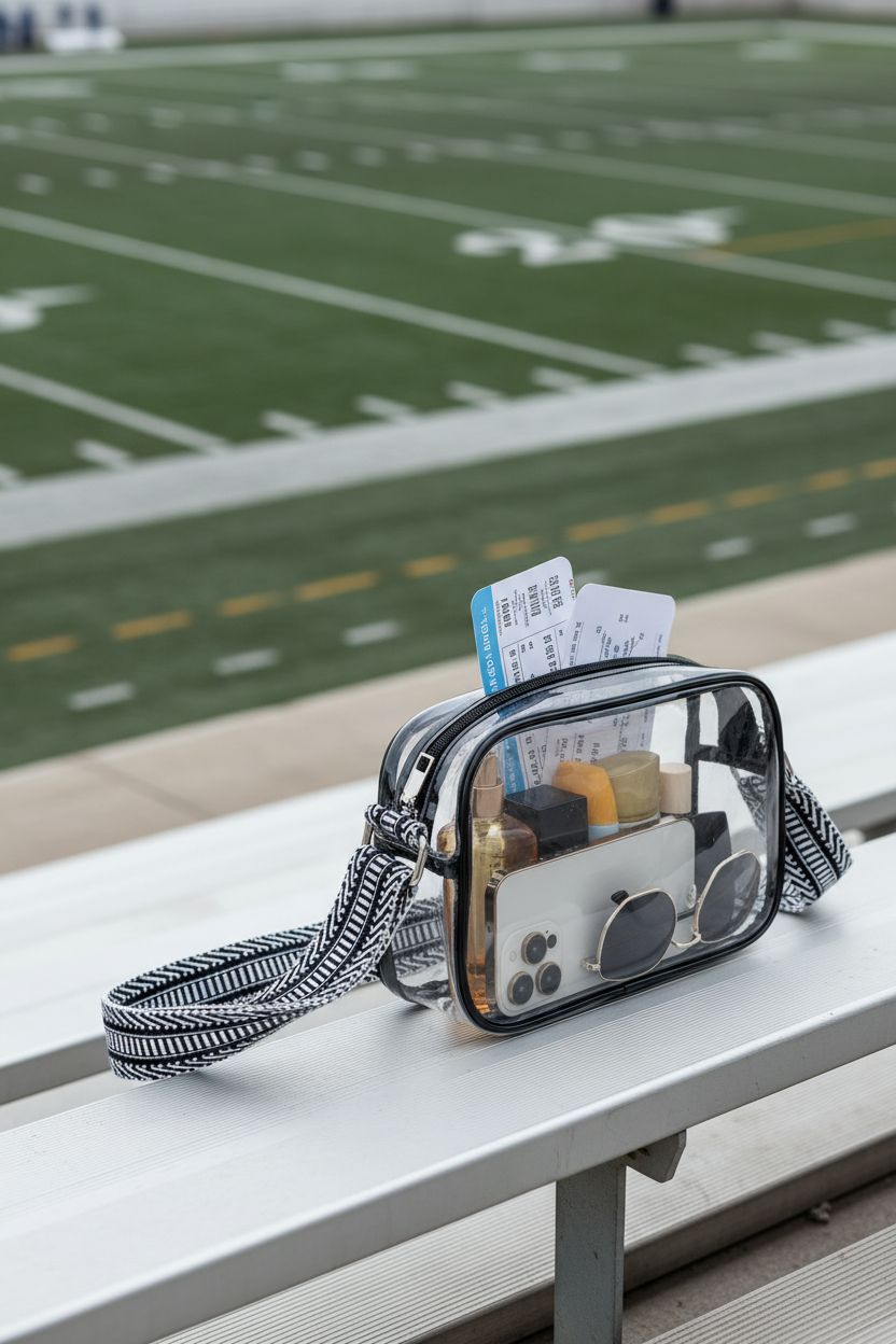 BOSTANTEN clear purse beside team scarf and tickets, ready for game day