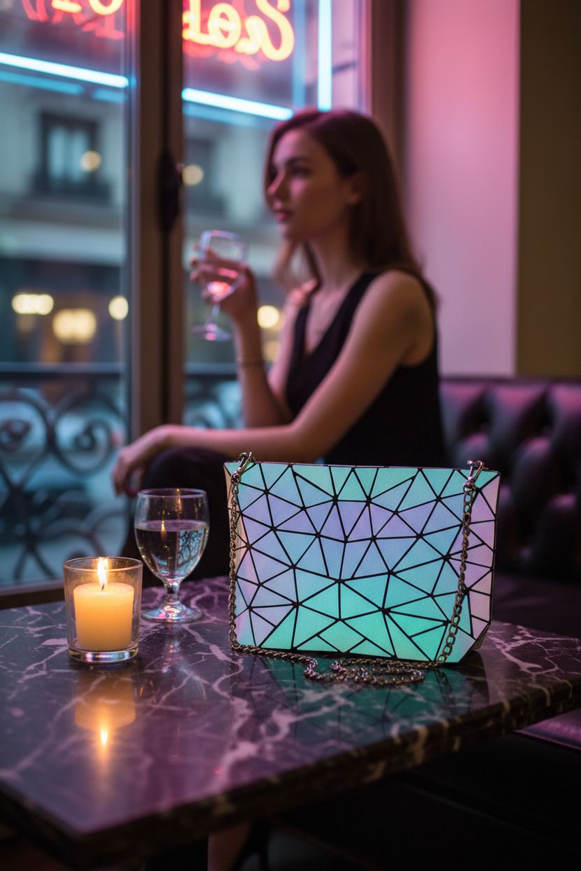 LOVEVOOK reflective purse placed elegantly on a marble table with candlelight and neon reflections.