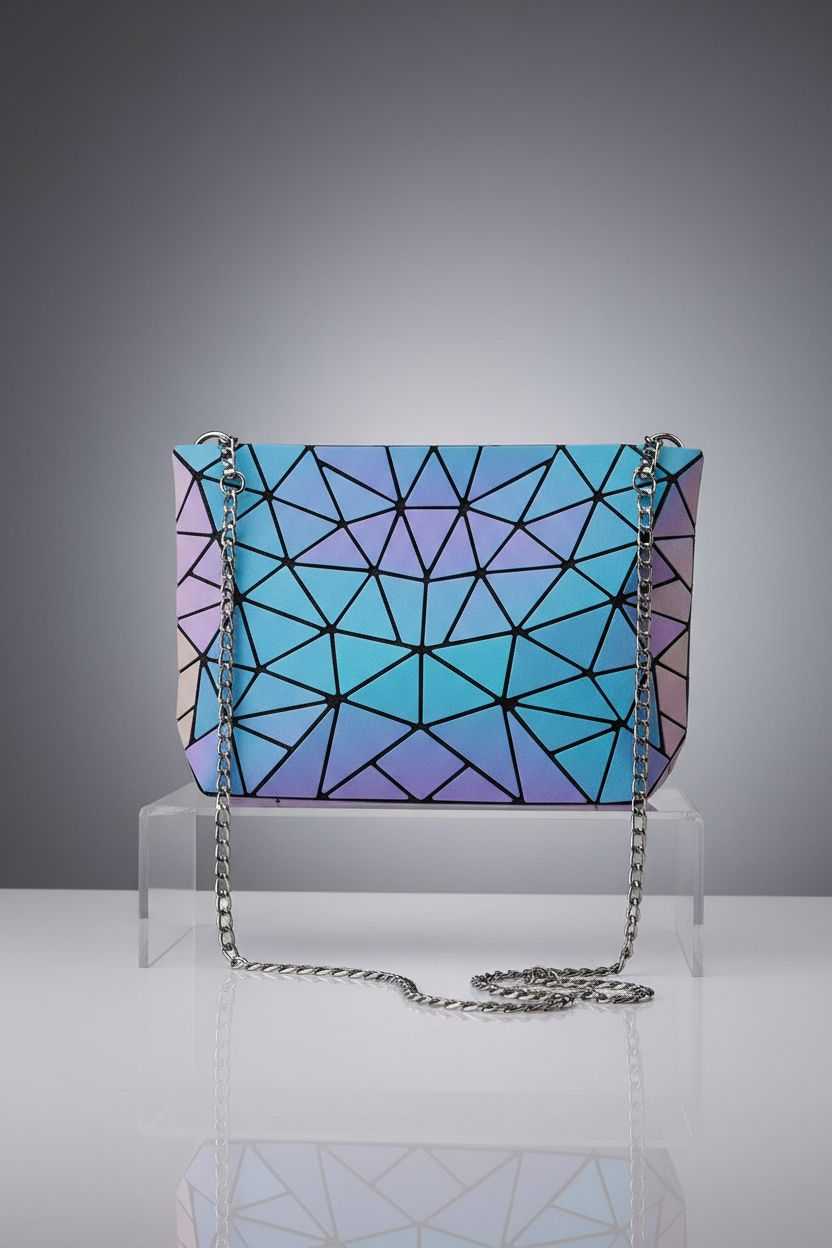 LOVEVOOK geometric purse displayed on an acrylic riser with a sleek studio backdrop.