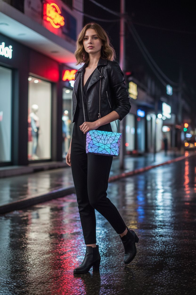 LOVEVOOK holographic crossbody bag glowing in neon lights on a rainy street.