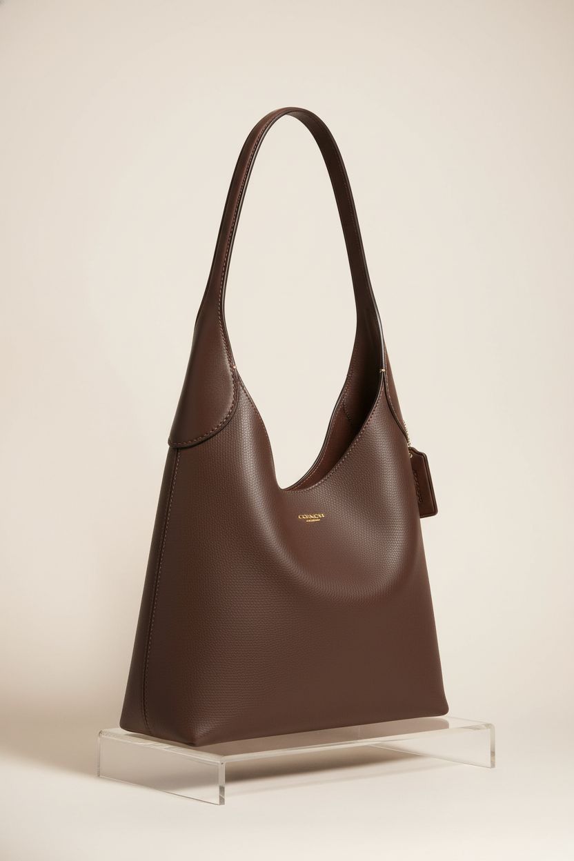 Coach Brooklyn Shoulder Bag 28 in Maple displayed on acrylic riser, highlighting its elegant design