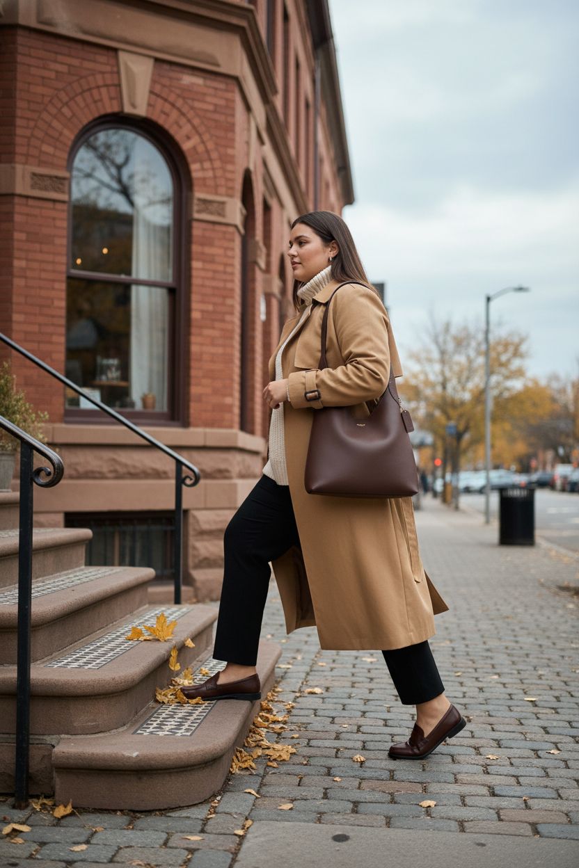 Coach Brooklyn Shoulder Bag 28 in Maple leather worn stylishly on shoulder, autumn leaves around