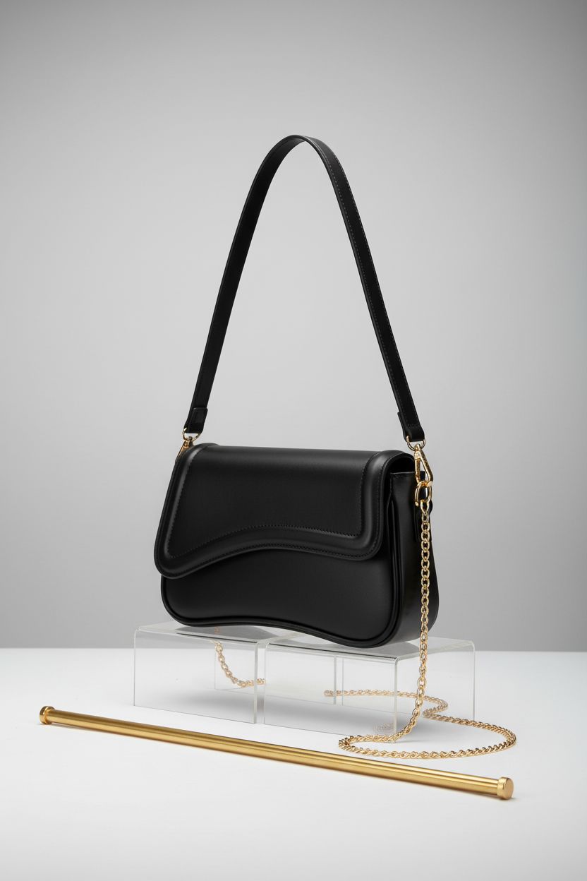 KKXIU black shoulder bag on acrylic risers, showcasing its stylish flap and gold hardware.