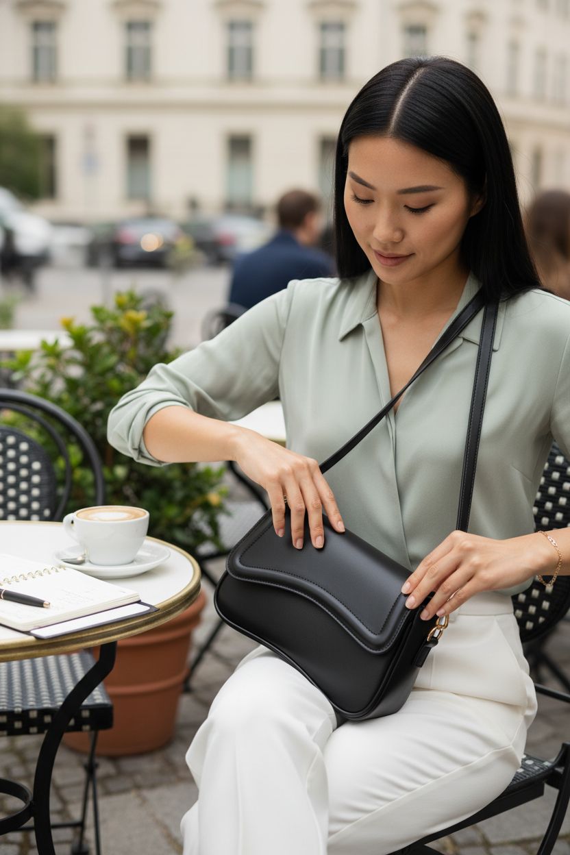 KKXIU black shoulder bag styled on a café table with an open planner, perfect for daily use.