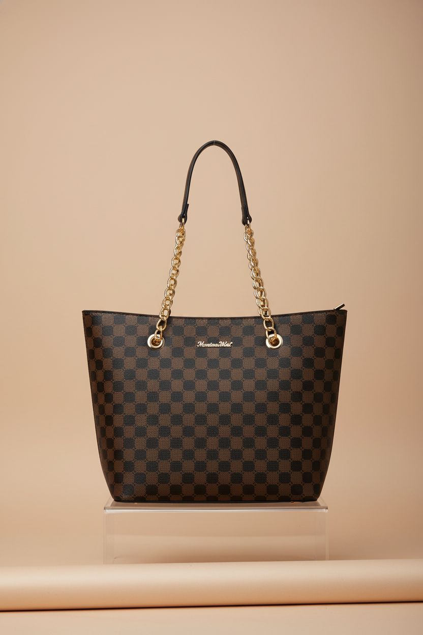 Montana West Tote Bag with structured silhouette and gleaming gold chain on neutral background