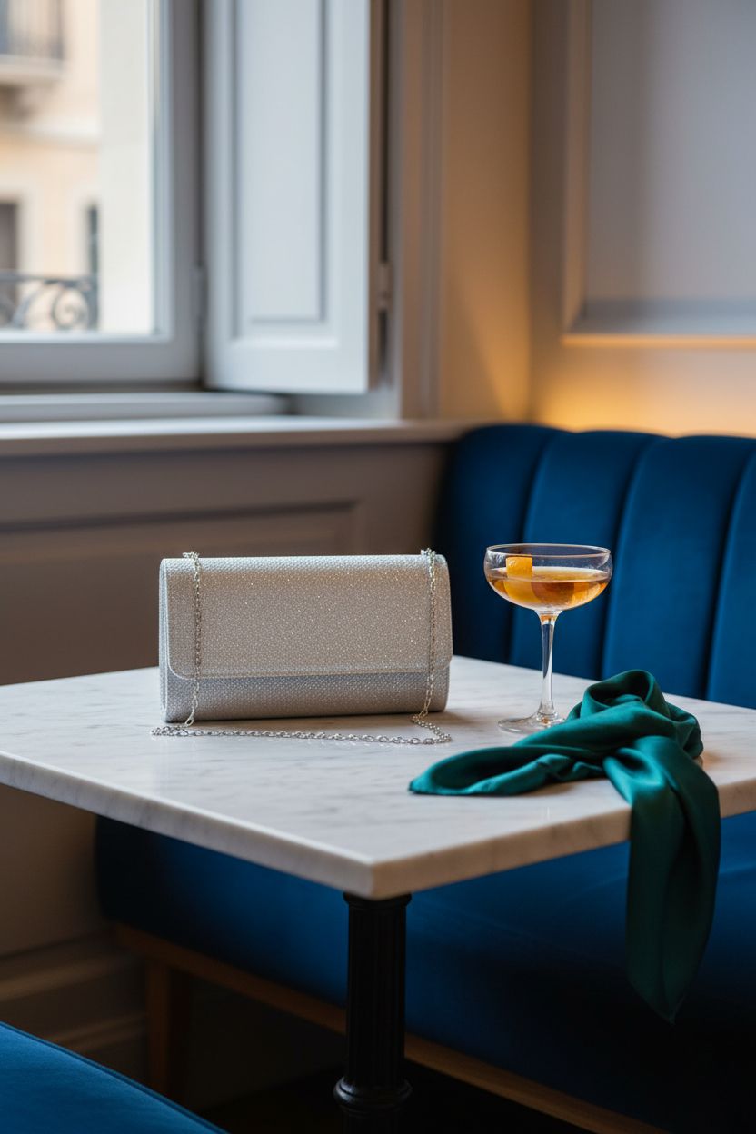 OSDUE silver clutch placed on a marble table in an elegant hotel lounge.