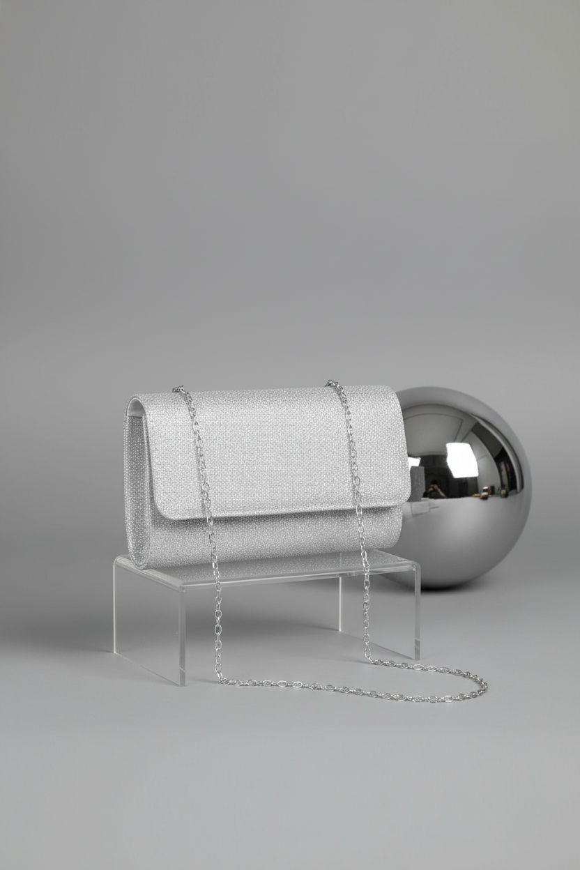 Close-up of OSDUE silver clutch showcasing its glittery design and chain.