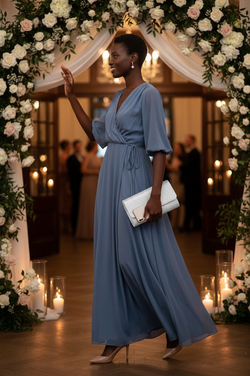 OSDUE silver clutch elegantly held near a floral arch at a wedding reception.