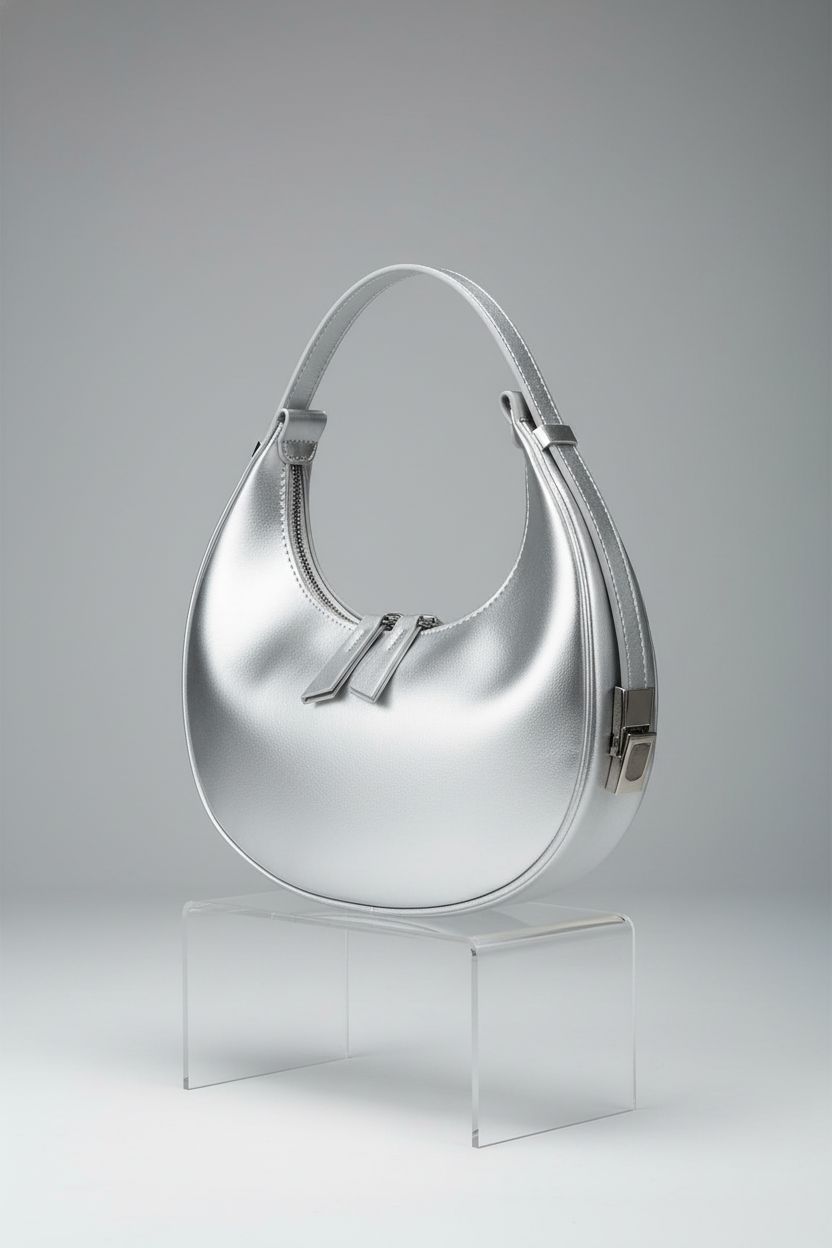 FantasyBear silver hobo purse showcased in studio lighting, highlighting its premium materials and design.