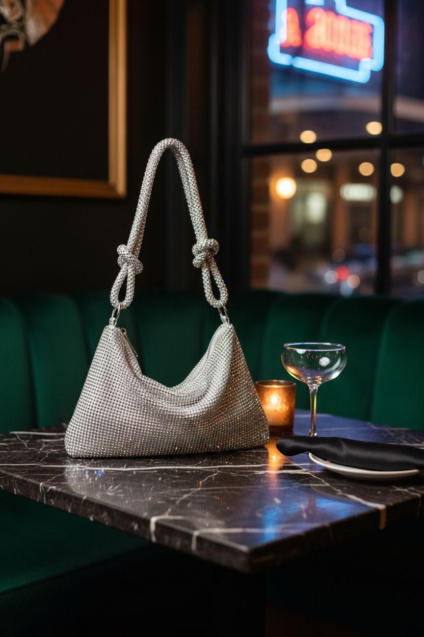 QLBO silver purse elegantly placed on a marble table in a cozy cocktail bar setting.