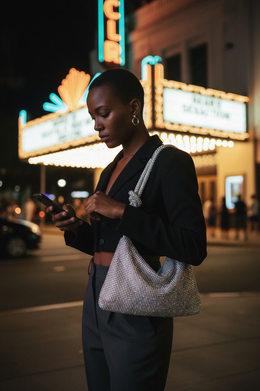 QLBO silver rhinestone purse with sparkly details, styled against art-deco theater lights.