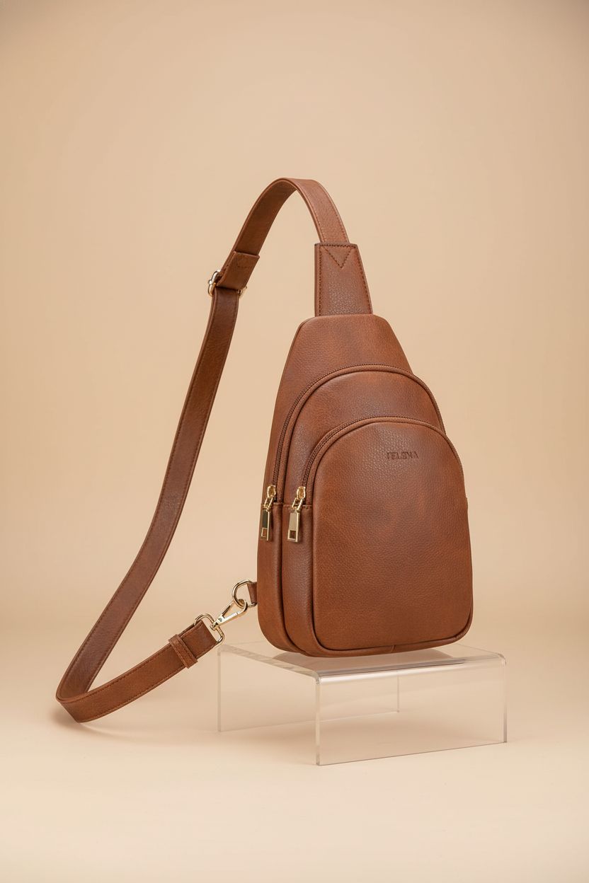 Telena sling bag for women in brown, showcasing its elegant design and faux leather texture on a studio set.
