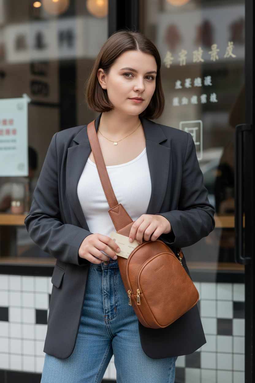 Telena brown leather sling bag for women, stylishly unzipped at a café, showcasing its texture.