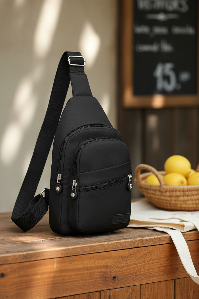 Banelu Small Sling Backpack in black resting on a wooden produce stand with soft light
