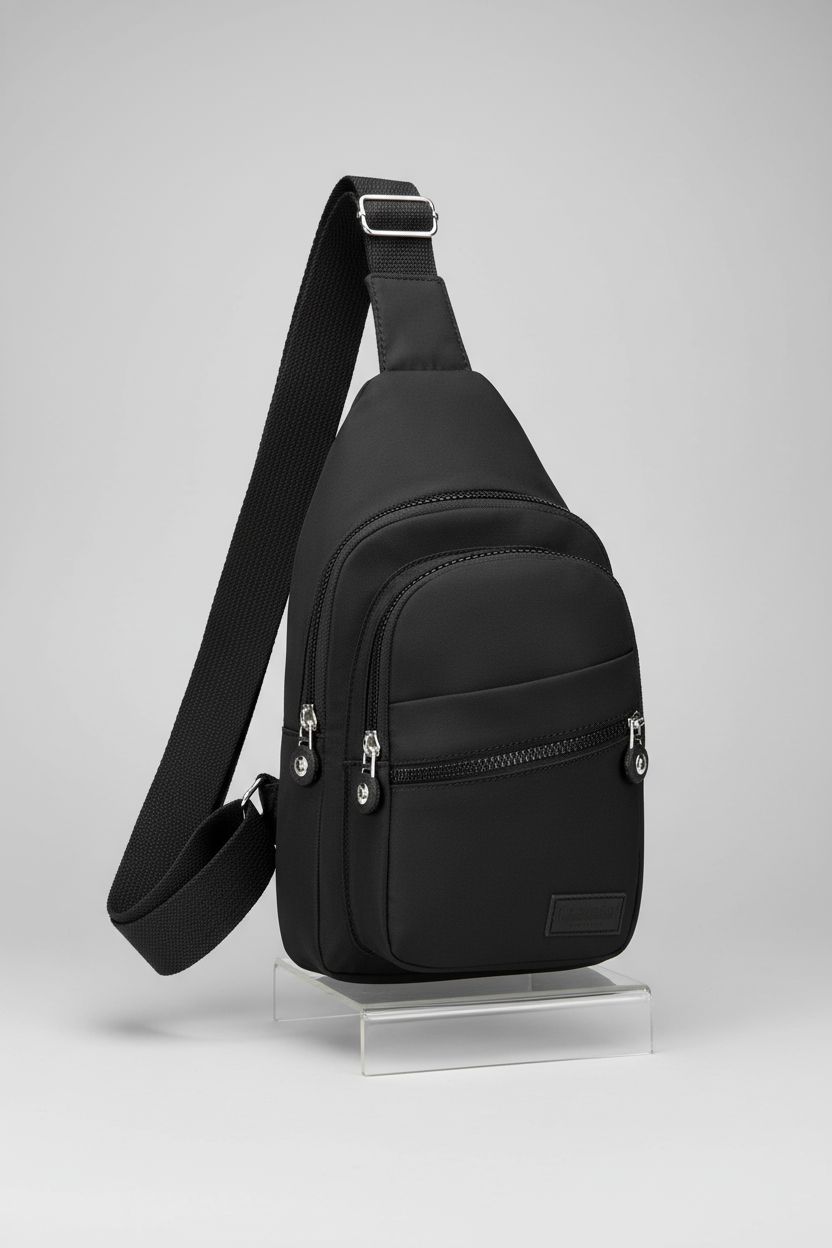 Banelu Small Sling Backpack in black displayed upright, emphasizing its sleek design