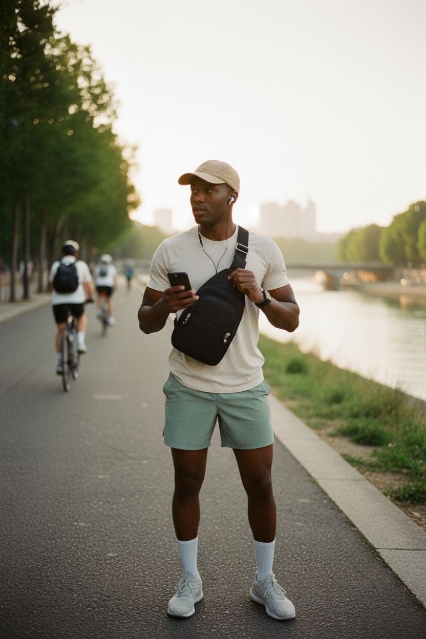 Banelu Small Sling Backpack in black worn cross-body during outdoor jogging at dawn