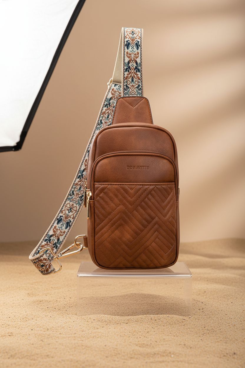 BOSTANTEN quilted sling bag displayed elegantly on a minimal surface, showcasing its premium quality