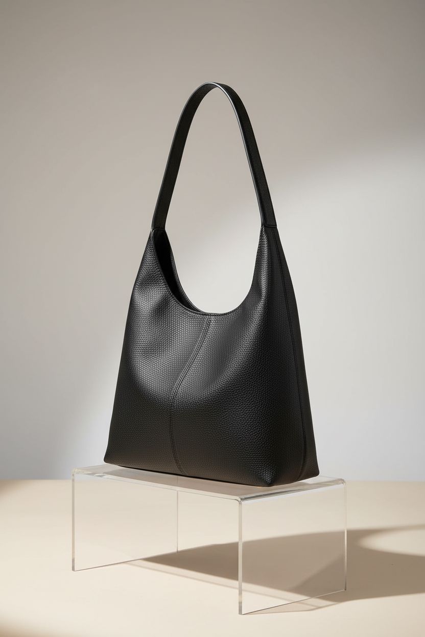 CUNGGI slouchy tote bag in black on acrylic riser, highlighting premium PU leather and design details.