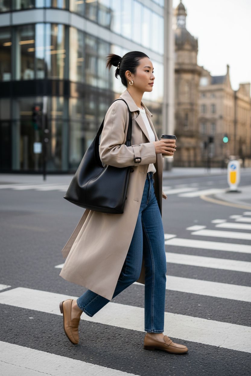 Black slouchy tote bag draped on shoulder, perfect for commuting with casual chic outfit.