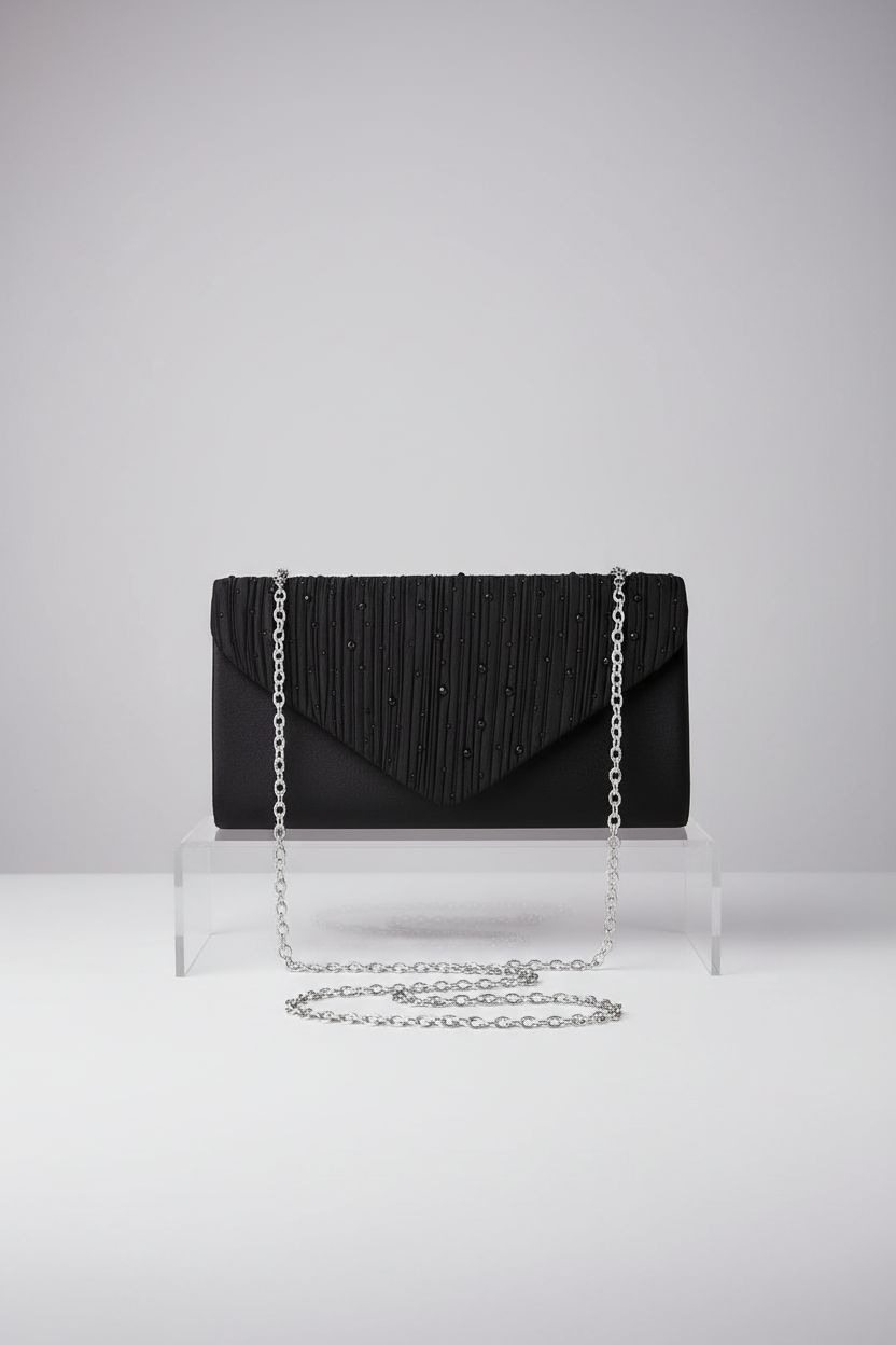 TINDTOP black satin envelope bag with sparkling rhinestones, perfect for any formal occasion.