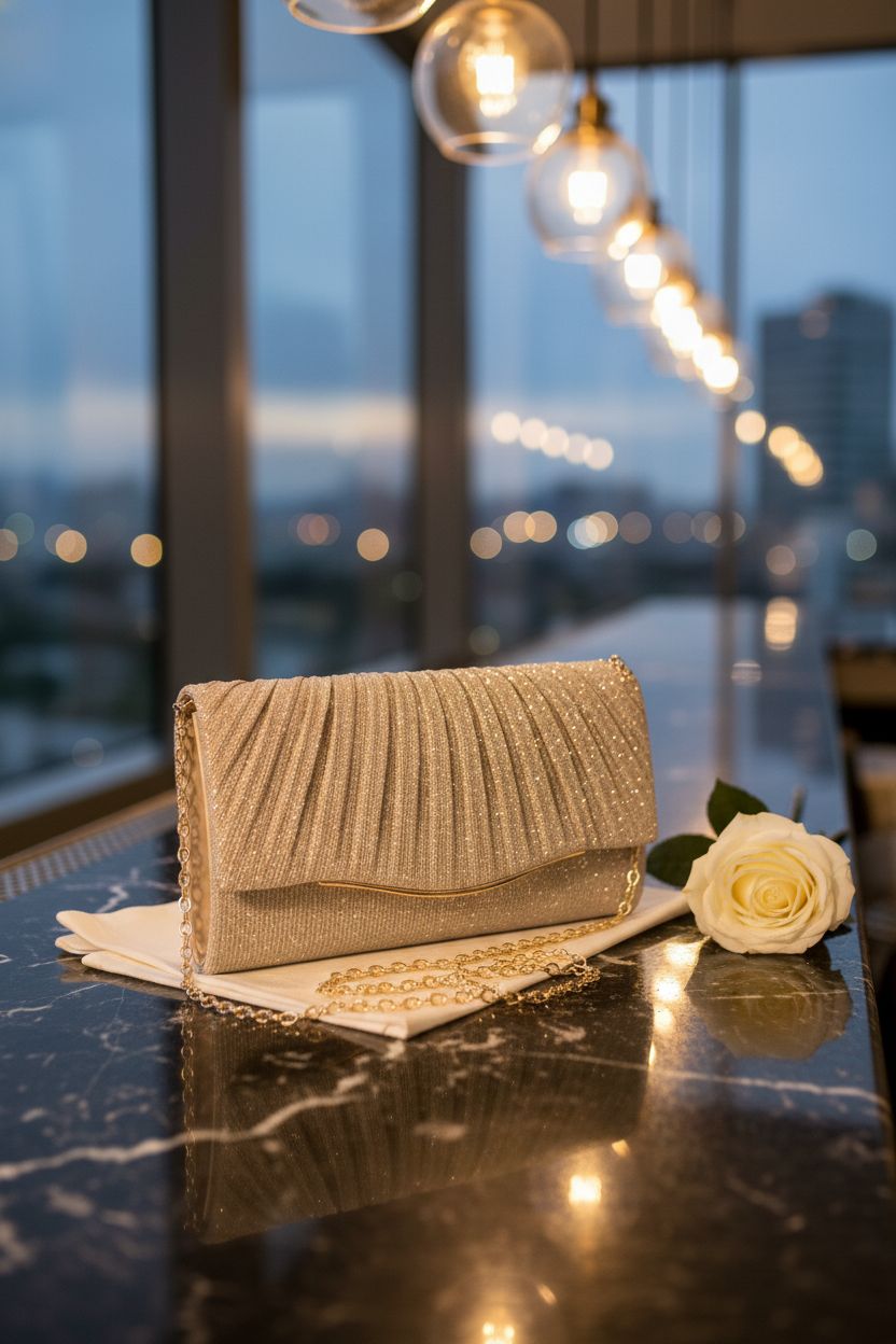 Champagne clutch bag by lovyoCoCo on a marble counter with a rose, perfect for cocktail hours.