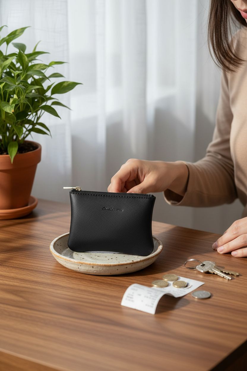 Chelmon coin purse resting in a ceramic catchall on a wooden console, surrounded by everyday items.