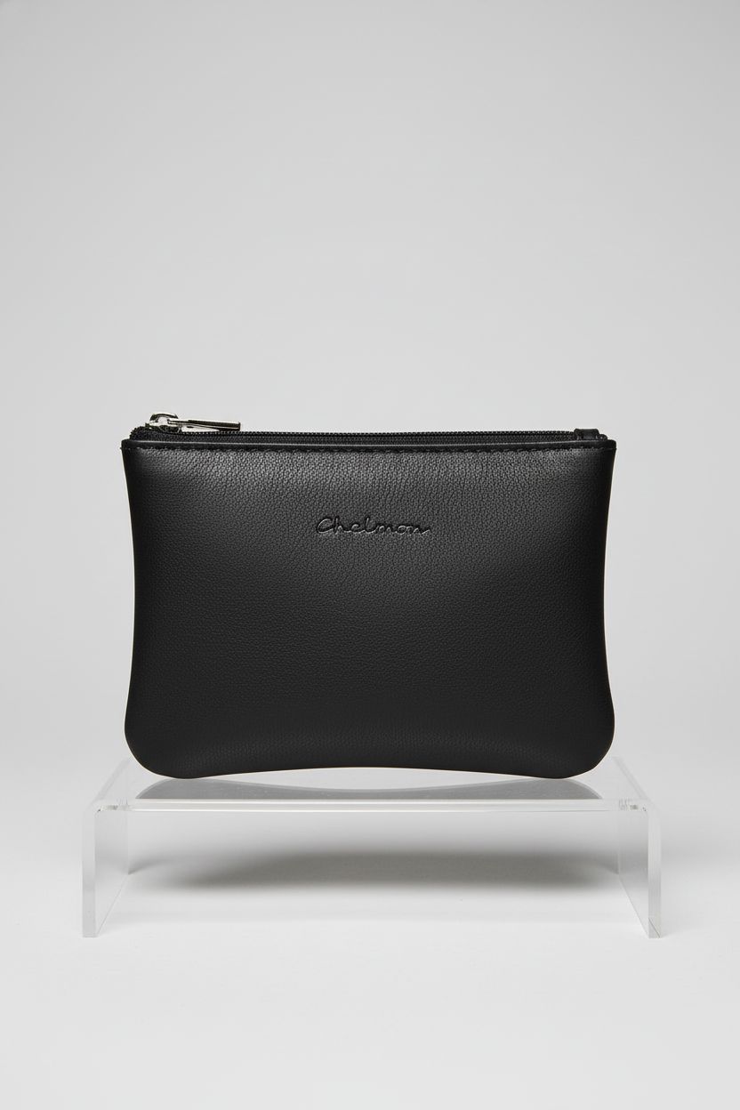 Chelmon vegan leather coin purse displayed on a light-gray backdrop, highlighting its sleek design.