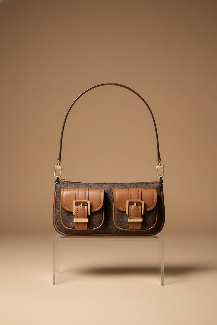 Front view of Michael Kors Zoe Small Convertible Pouchette highlighting its design and logo.