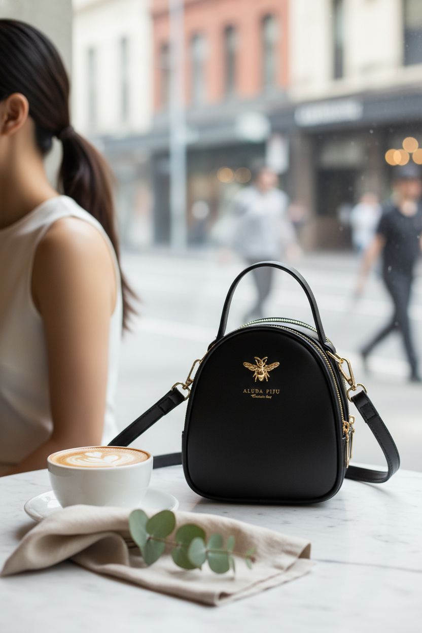 ALUDAPIJU small black handbag resting on a marble table, ideal for cafe outings.