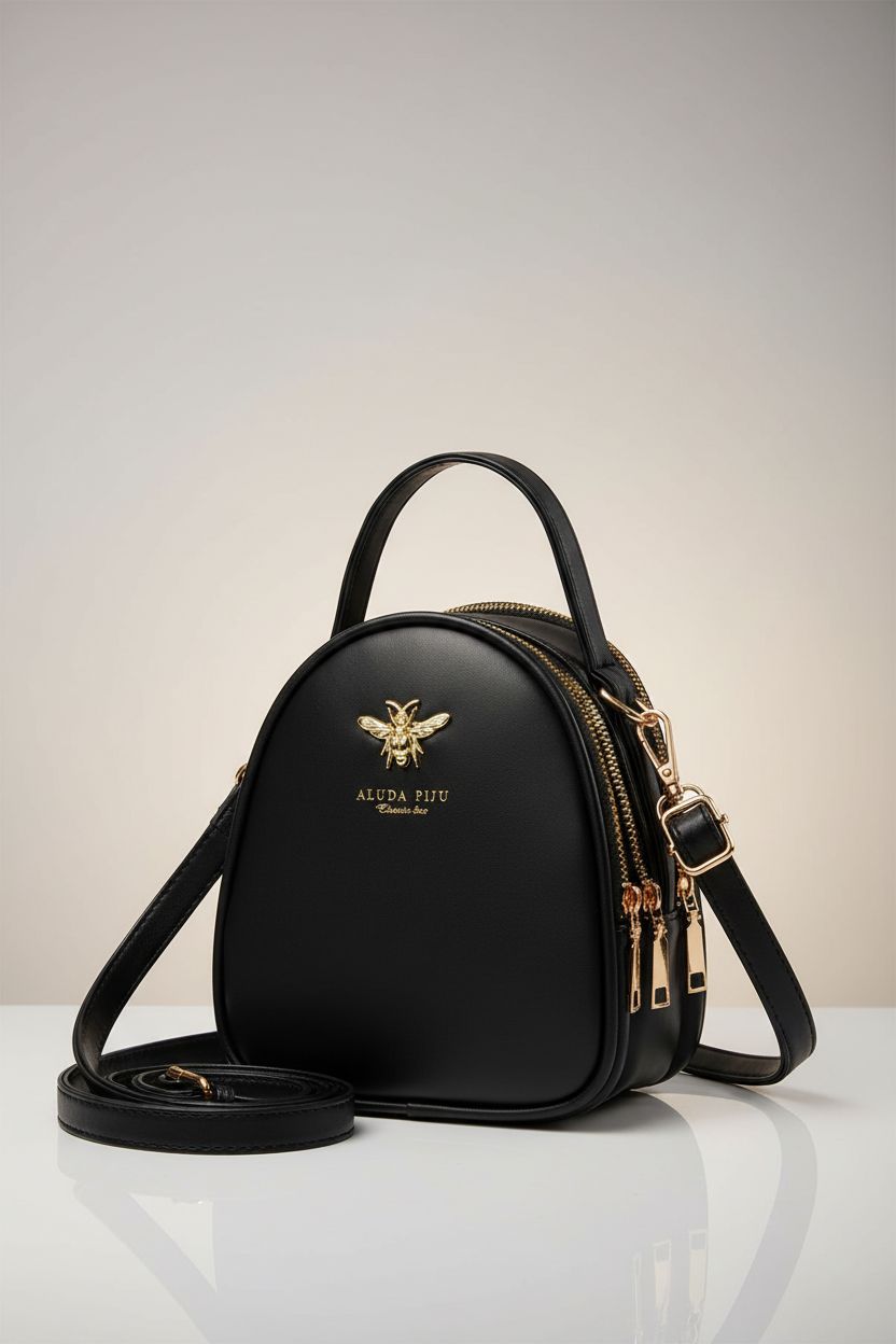 Product shot of ALUDAPIJU small black handbag showcasing its sleek design and gold hardware.