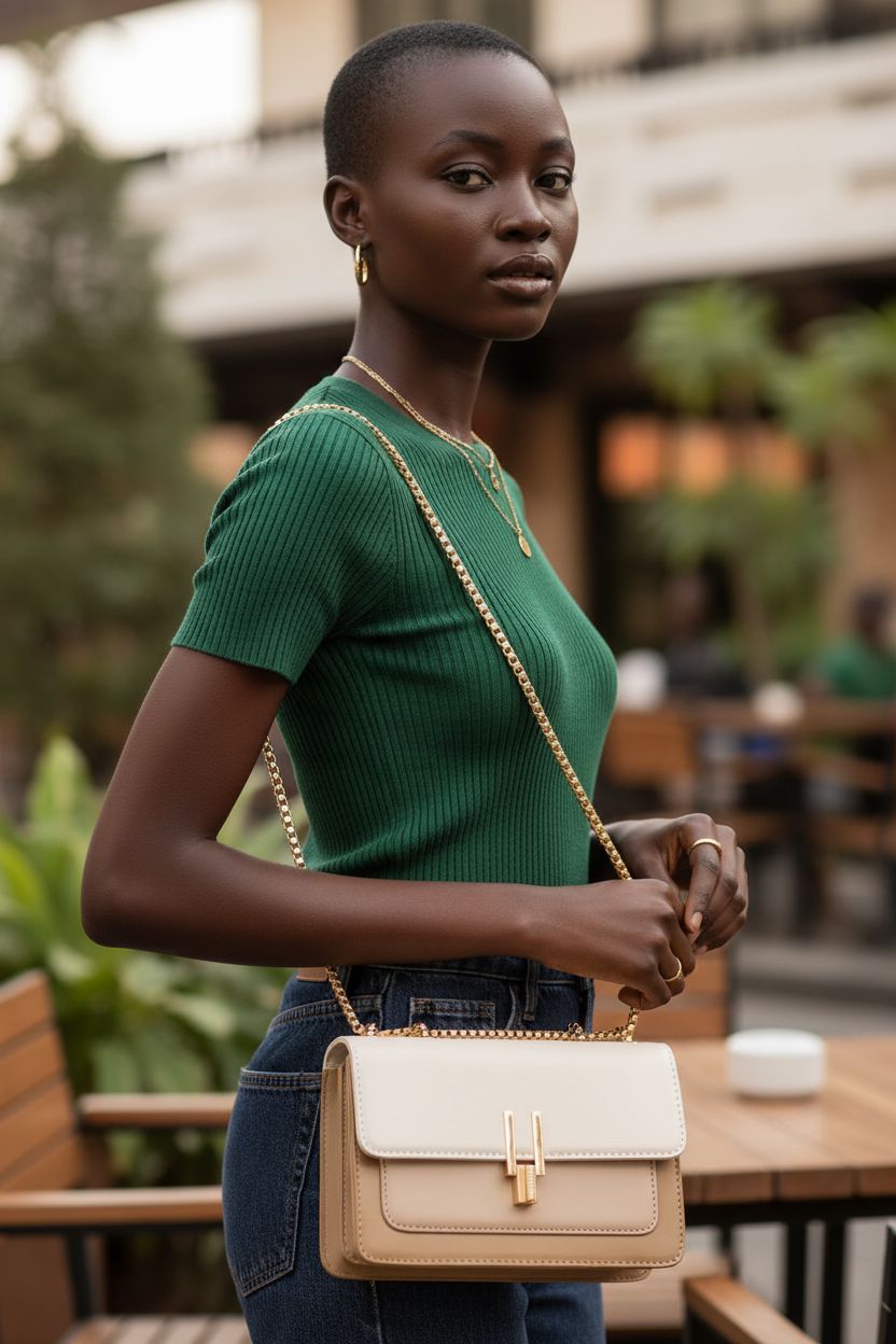 Beige and white color-block crossbody bag by TOP BAND with elegant chain strap, perfect for trendy outings.